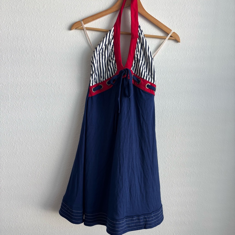 Vintage Rocawear Y2K Nautical Navy and Red Striped Halter Sailor Pin-Up Dress - Picture 2 of 10